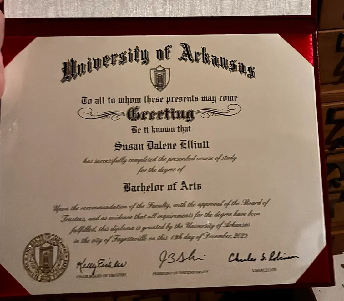 Bachelor of Arts diploma, University of Arkansas, awarded to Susan Dalene Elliott