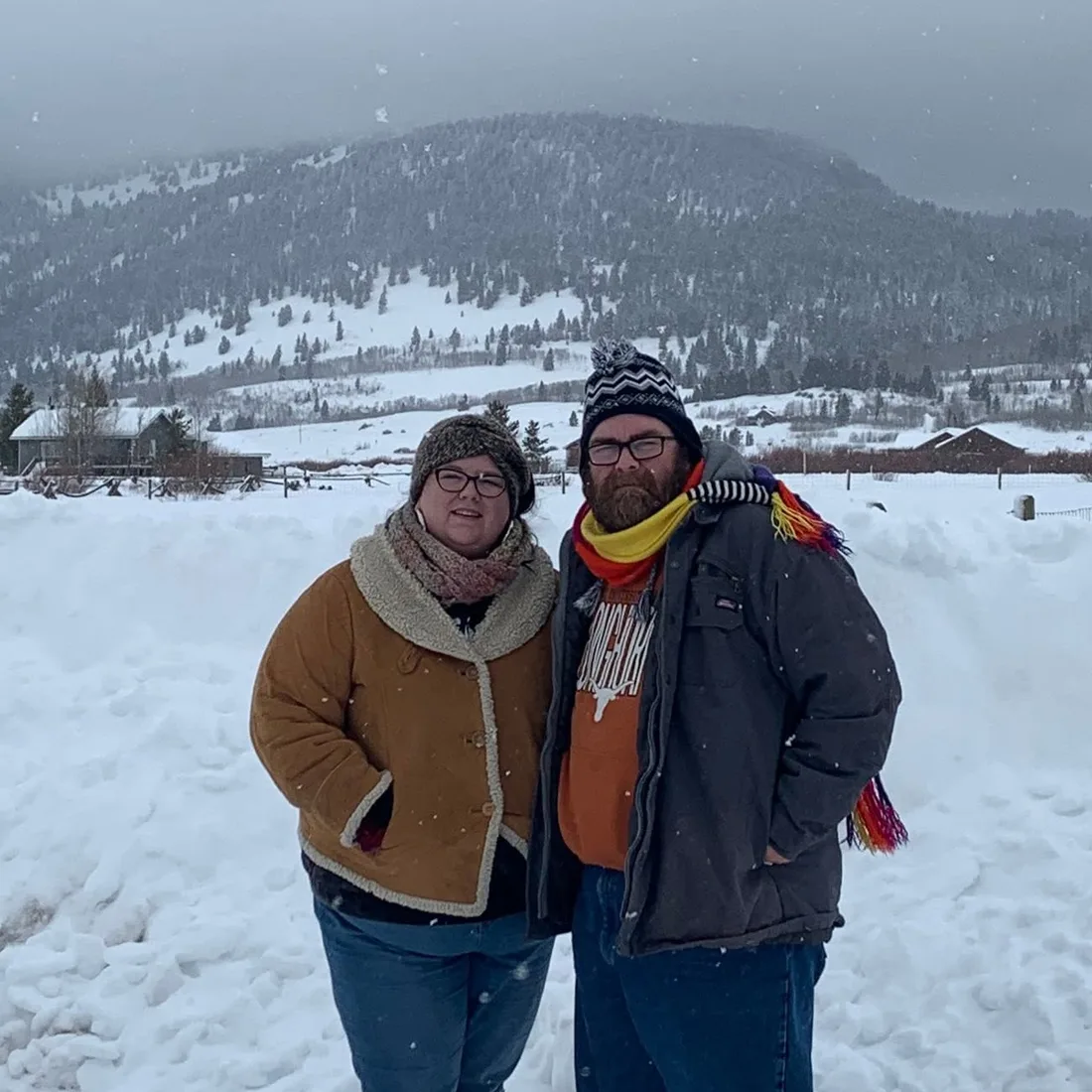 Susan Elliott and her husband in deep snow